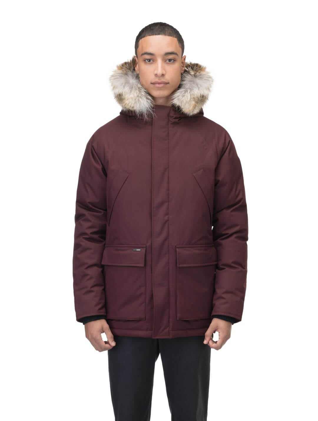 Men's waist length down filled jacket with two front pockets with magnetic closure and a removable fur trim on the hood in Merlot