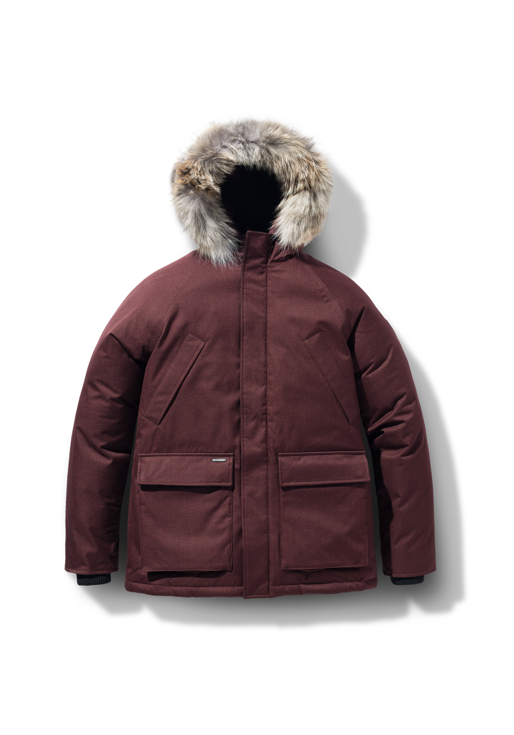 Men's waist length down filled jacket with two front pockets with magnetic closure and a removable fur trim on the hood in Merlot