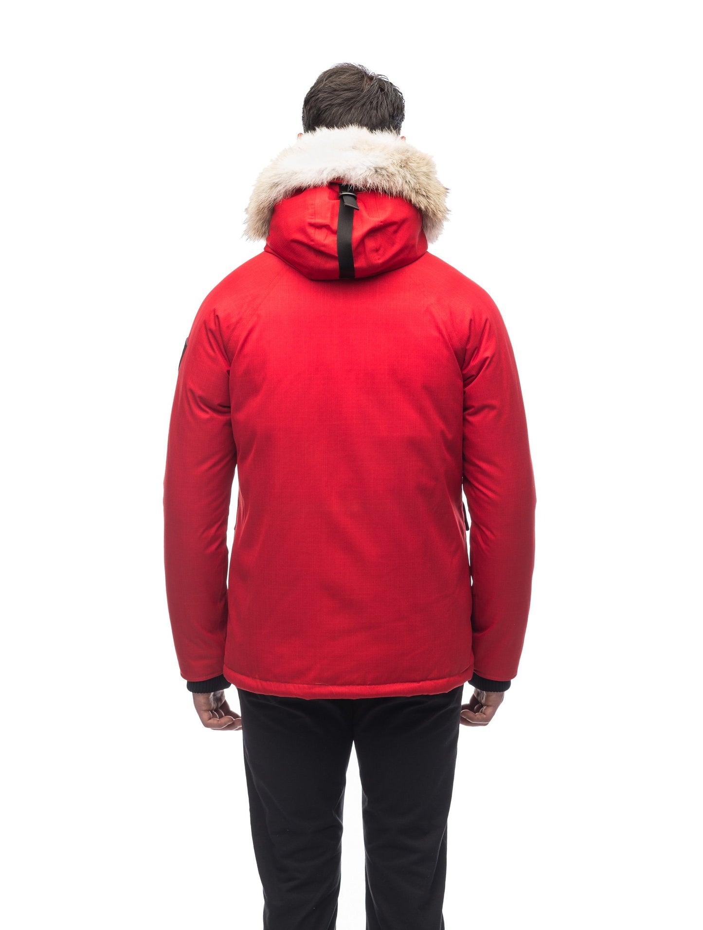 Men's waist length down filled jacket with two front pockets with magnetic closure and a removable fur trim on the hood in CH Red