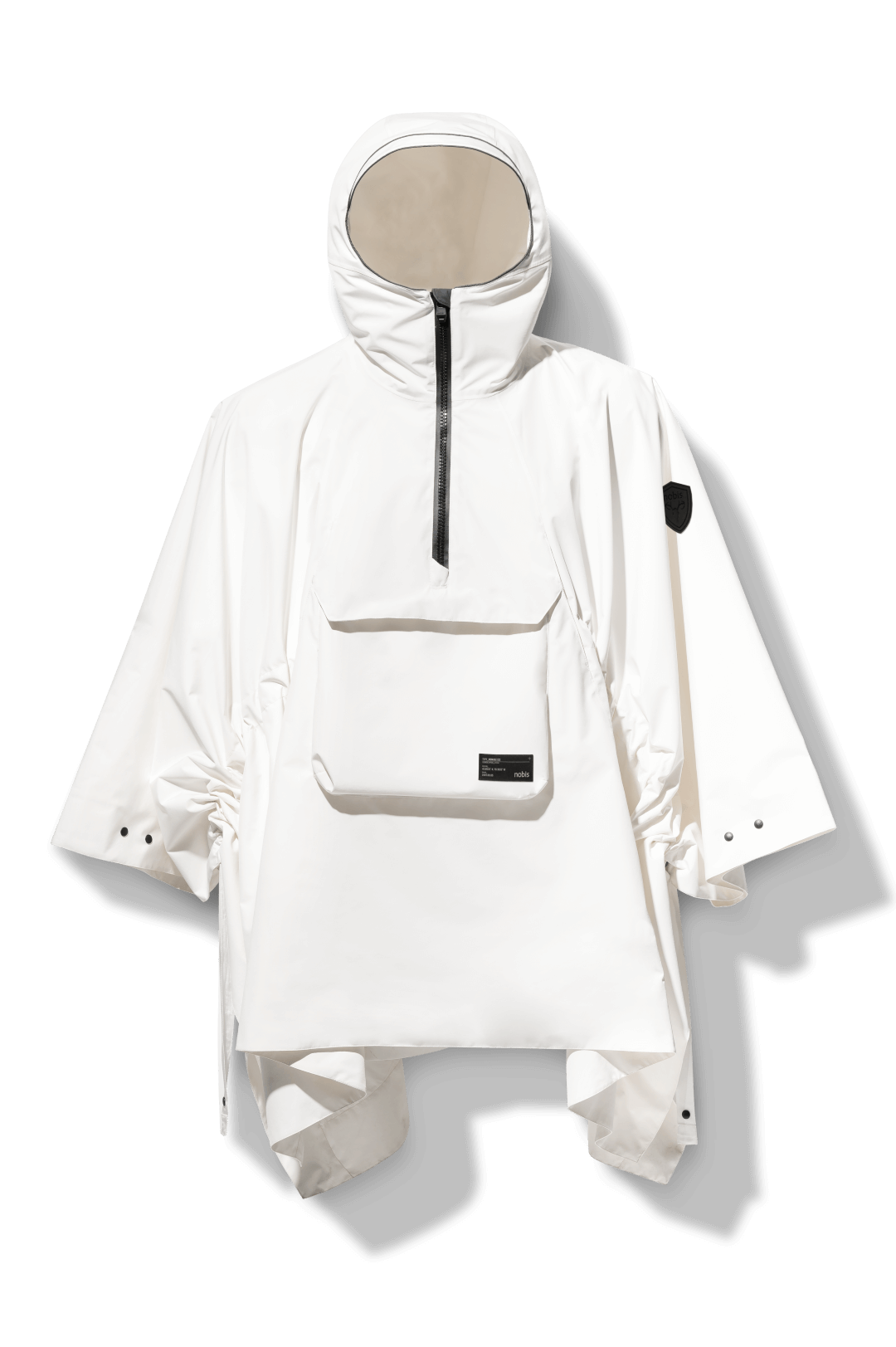 Hydra Unisex Performance Poncho in thigh length, non-removable hood, vertical half-zipper along centre front collar, hidden side-entry waist zipper pockets, adjustable webbing straps and snap closure cuffs, and packable to front kangaroo pocket with flap opening, in Chalk