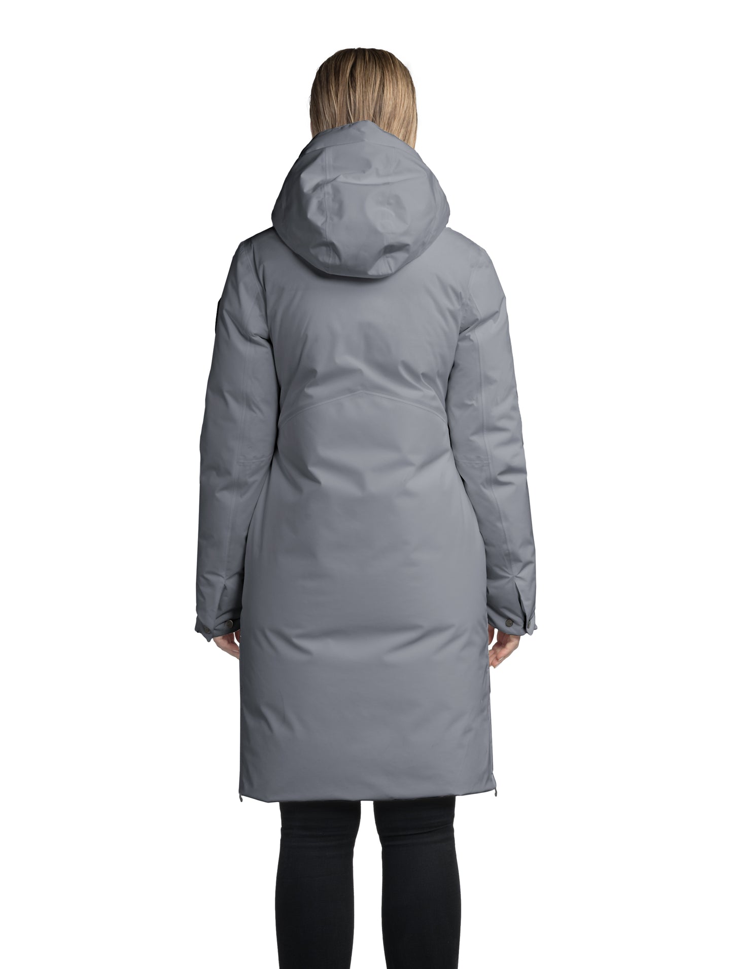 Inara Women's Performance Parka in knee length, premium 3-ply micro denier and stretch ripstop fabrication with DWR coating, Premium Canadian White Duck Down insulation, non-removable down-filled hood, centre front two-way zipper, large vertical zipper pockets along waist, zipper vents along bottom side hem, in Concrete