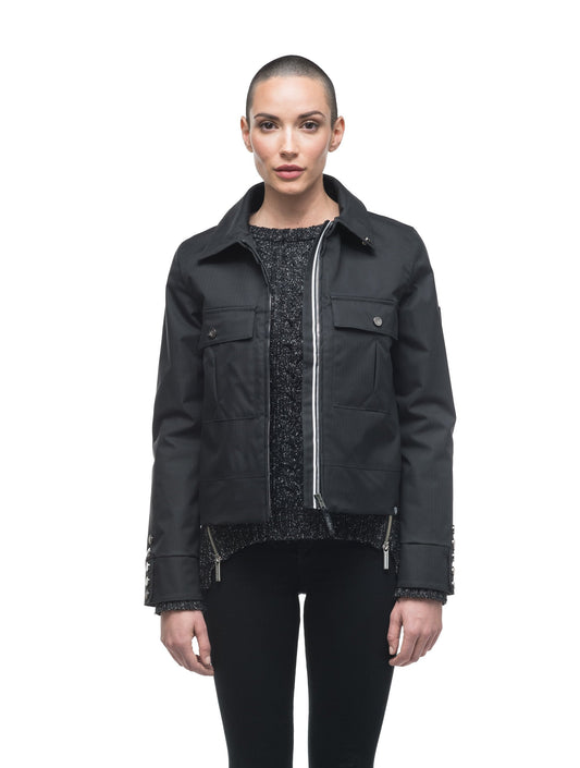 Women's cropped military inspired jacket with shirt collar detail in Black + Black