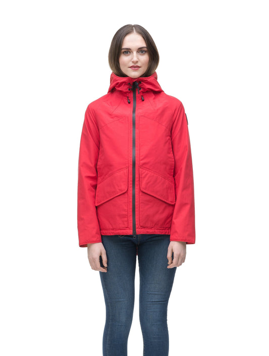 Women's hooded rain jacket with high low hem in Red + Red