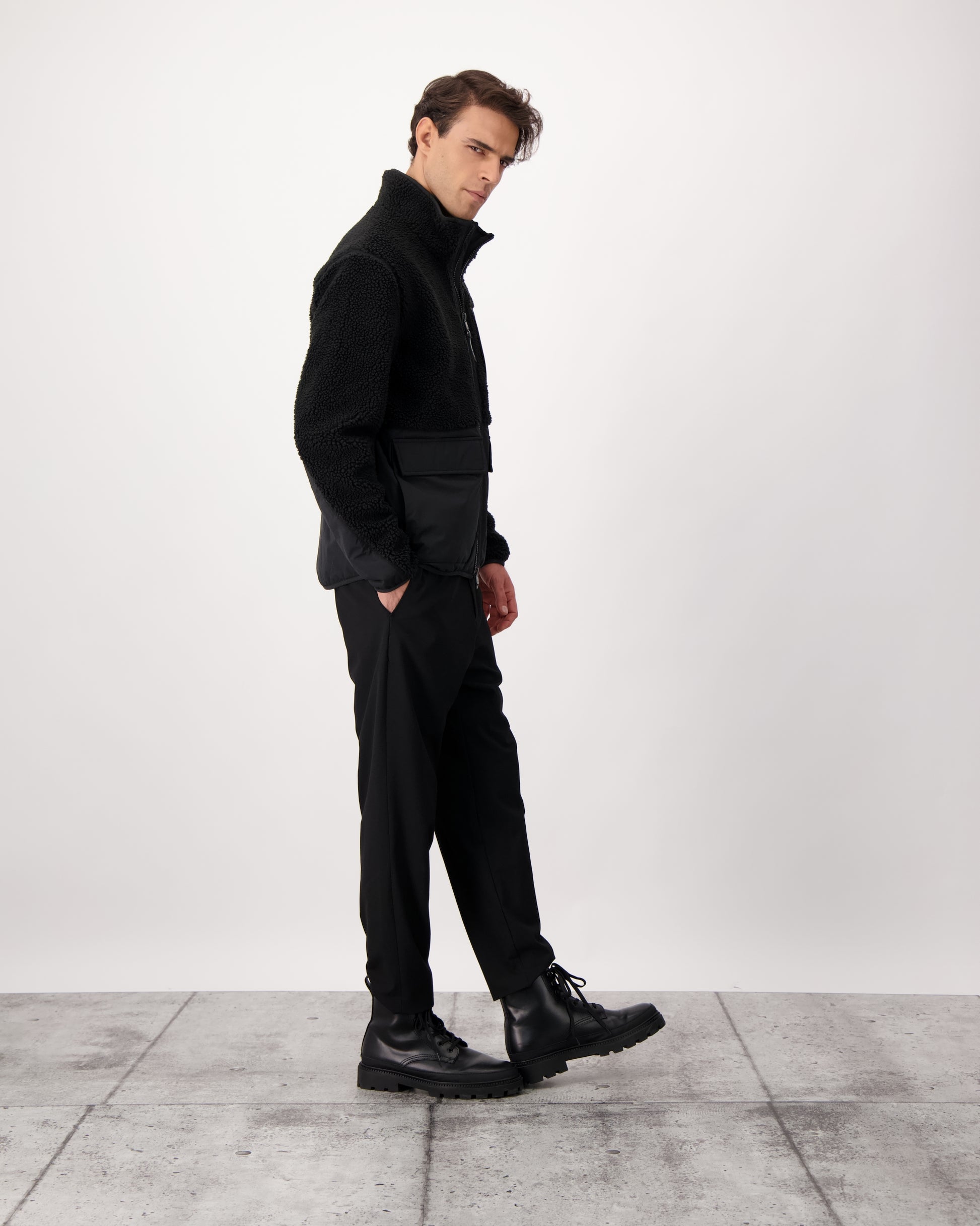 Kepler Men's Berber Zip Front Sweater in hip length, premium berber and stretch ripstop fabrication, Primaloft Gold Insulation Active+, two-way centre-front zipper, zipper pocket at left chest, magnetic closure flap pockets at waist with additional side-entry pockets, in Black