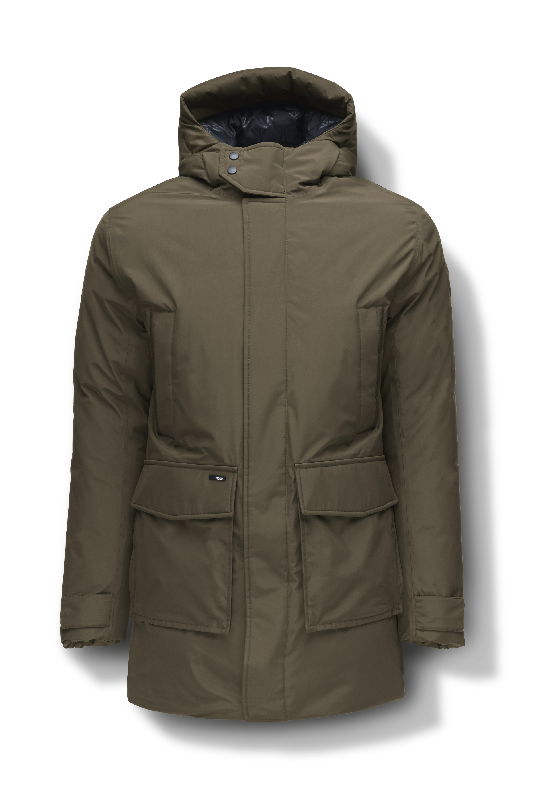 Kason Men's Light Down Parka in thigh length, premium 3-ply micro denier and stretch ripstop fabrication, Premium Canadian origin White Duck Down insulation, non-removable down-filled hood, two-way centre-front zipper, magnetic closure wind flap, fleece-lined pockets at chest and waist, flap pockets at waist, pit zipper vents, in Fatigue