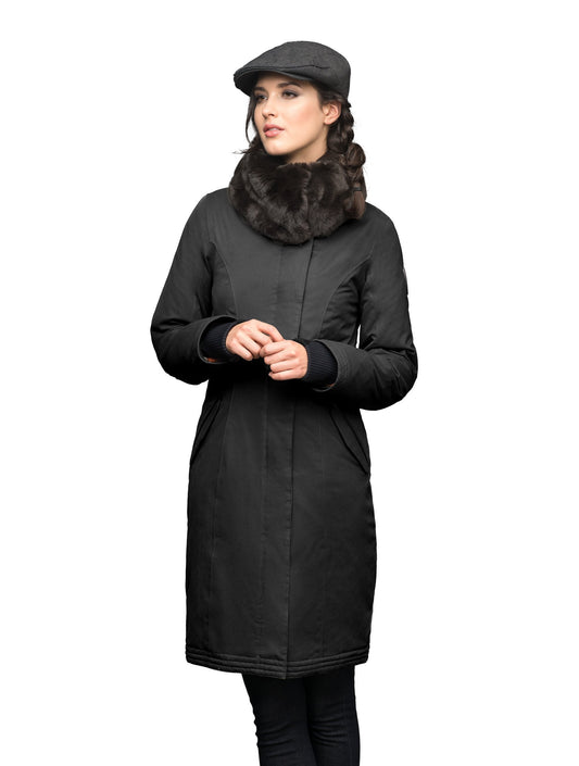 Women's down filled overcoat with fur trim in Black + Black