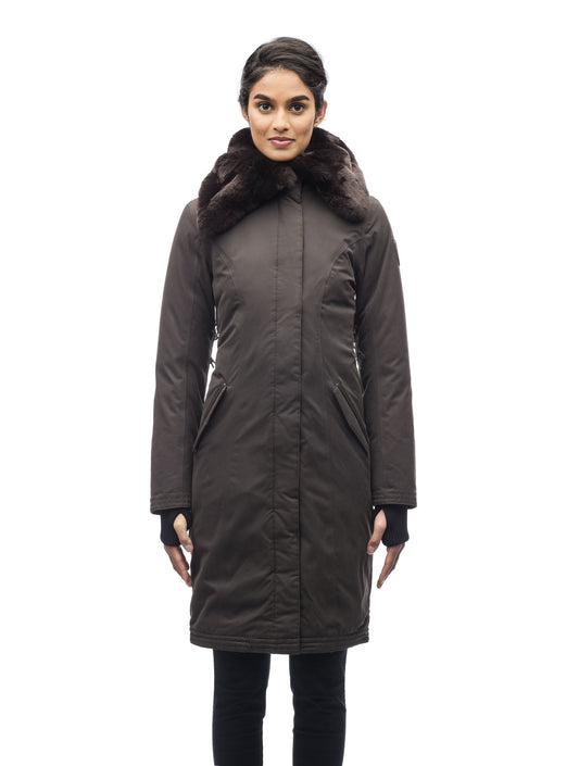 Women's down filled overcoat with fur trim in Dark Brown + Dark Brown