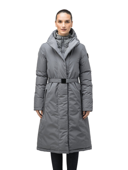 Long calf length hooded women's winter parka with an inner hip length closure, exterior hem length zipper and magentic placket in Concrete + Concrete