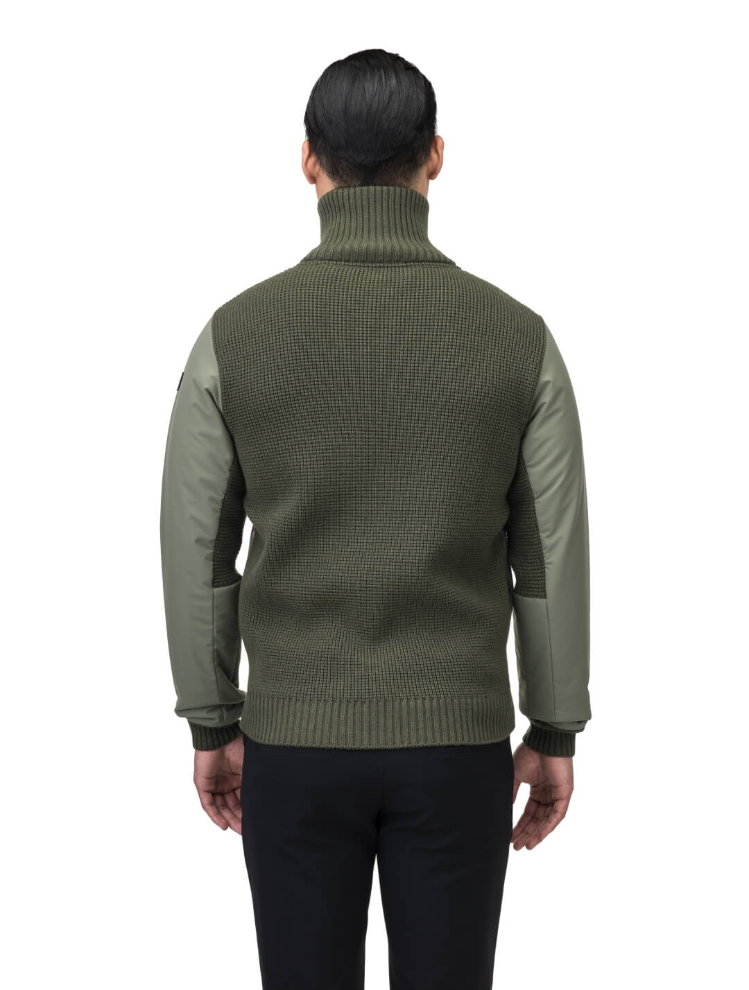 Layton Men's Tactical Hybrid Sweater in hip length, Primaloft Gold Insulation Active+, Merion wool knit collar, sleeves, back, and cuffs, two-way front zipper, and pockets at chest and waist, in Clover