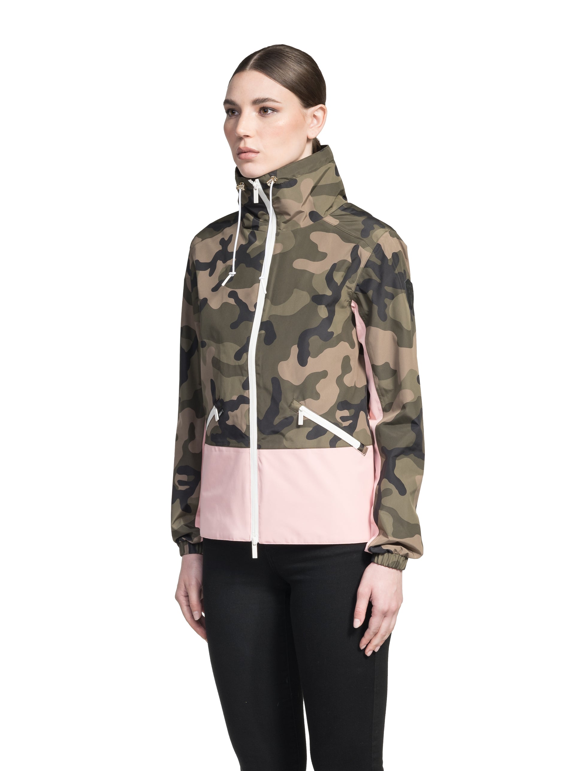 Leah waist length women's jacket in the Camo/Shell Pink