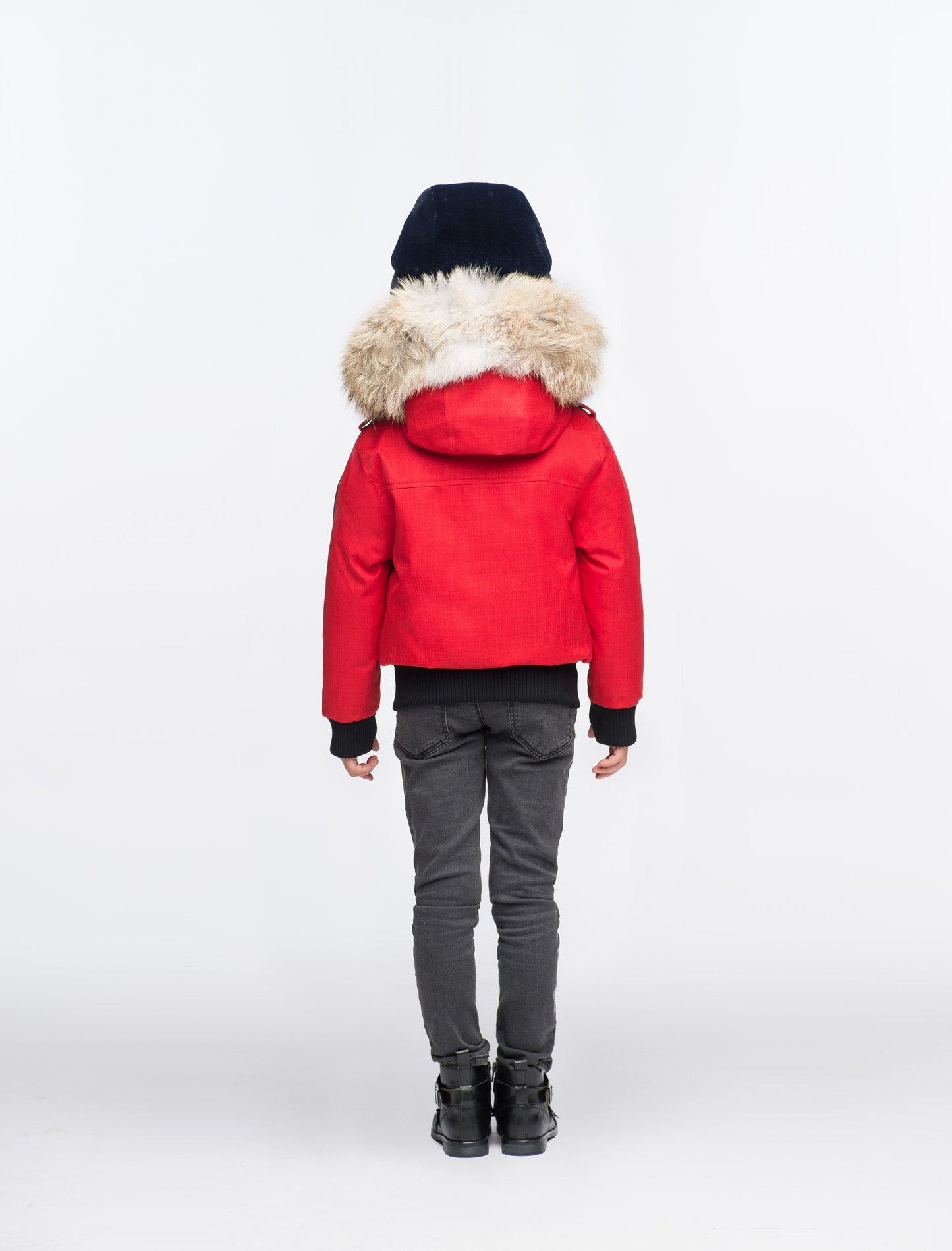 Kid's waist length down bomber jacket with fur trim hood in CH Red