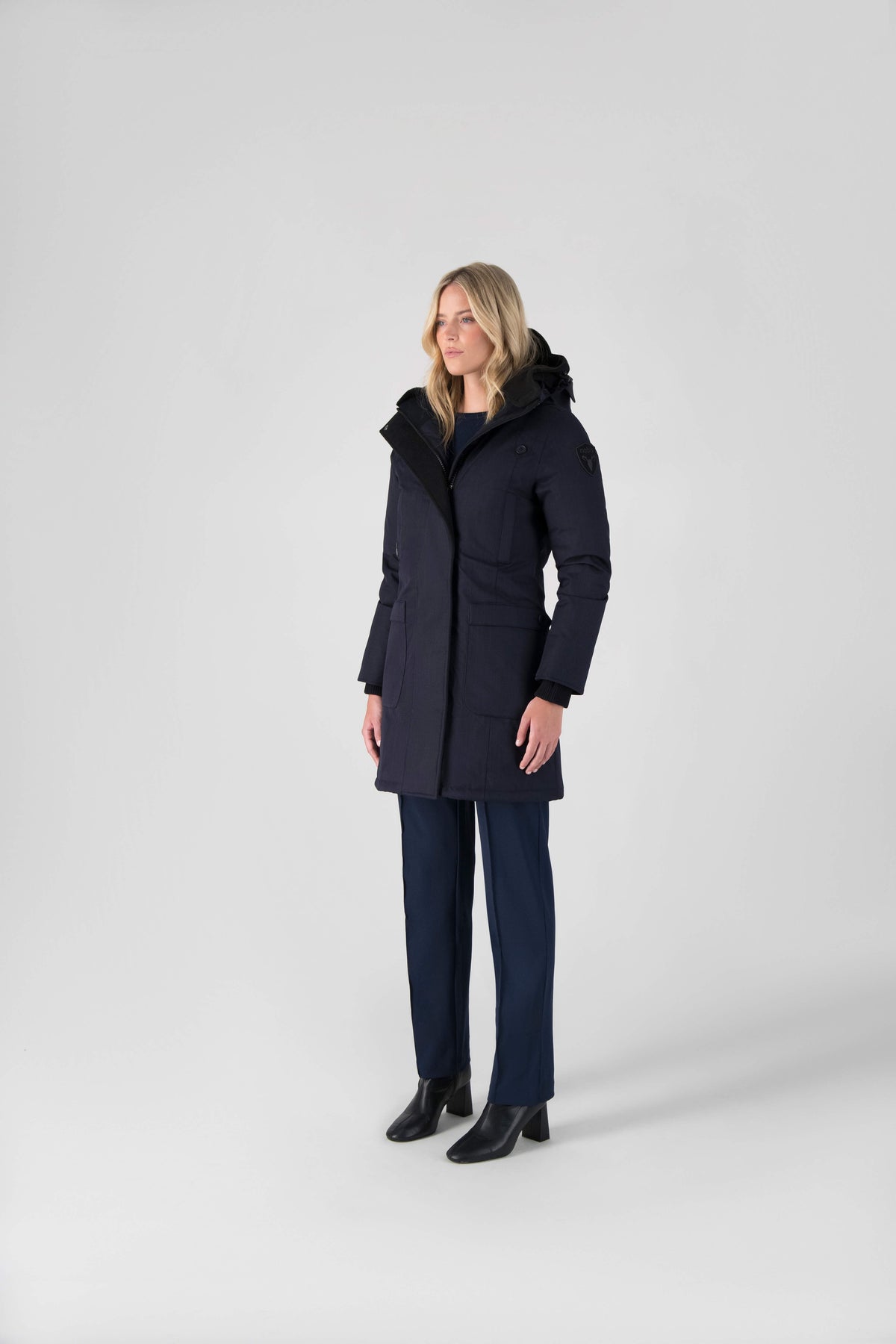 Best selling women's down filled knee length parka with removable down filled hood