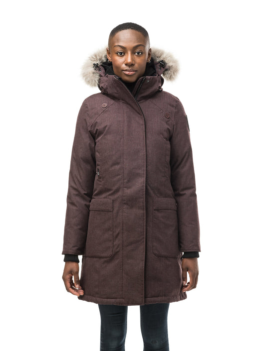 Best selling women's down filled knee length parka with removable down filled hood in Heather Burgundy + Heather Burgundy
