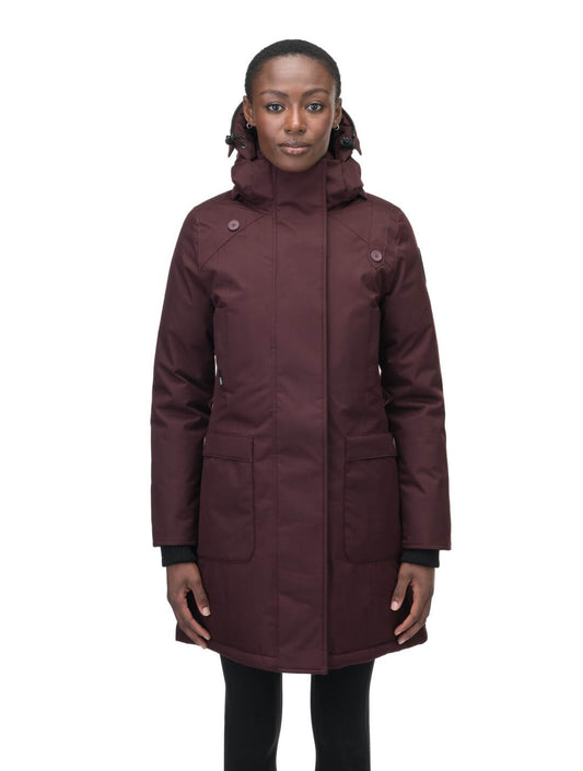 Merideth Furless Ladies Parka in thigh length, Canadian white duck down insulation, removable down-filled hood, centre-front two-way zipper with magnetic wind flap closure, four exterior pockets, and elastic ribbed cuffs, in Merlot