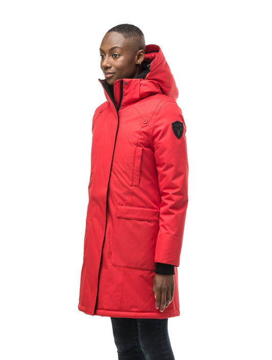 Best selling women's down filled knee length parka with removable down filled hood in Red + Red