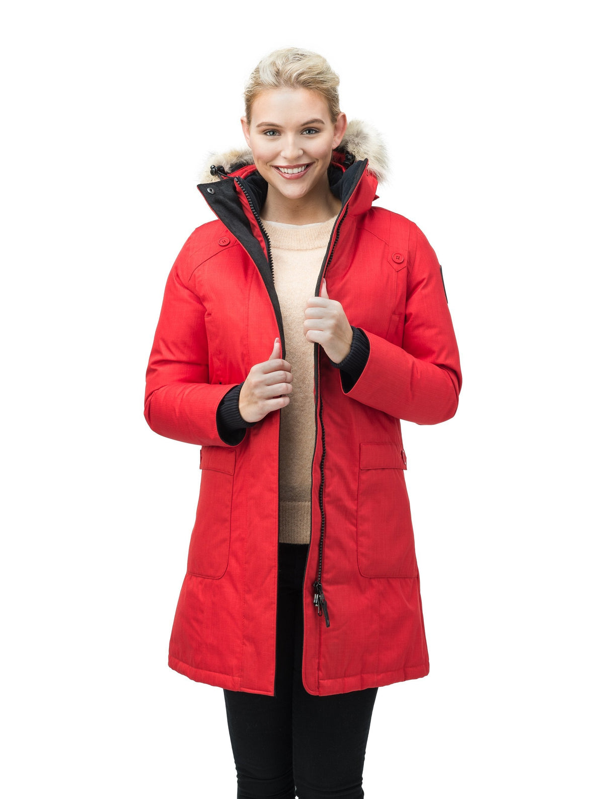 Best selling women's down filled knee length parka with removable down filled hood