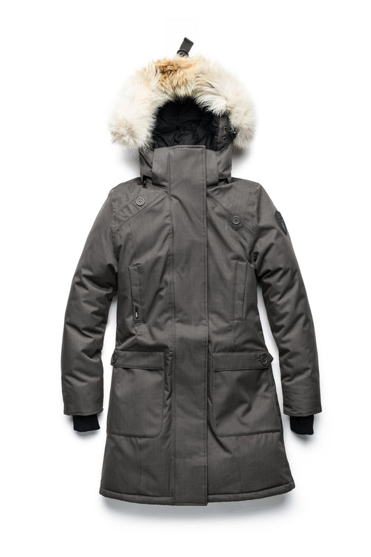 Best selling women's down filled knee length parka with removable down filled hood in Steel Grey + Steel Grey