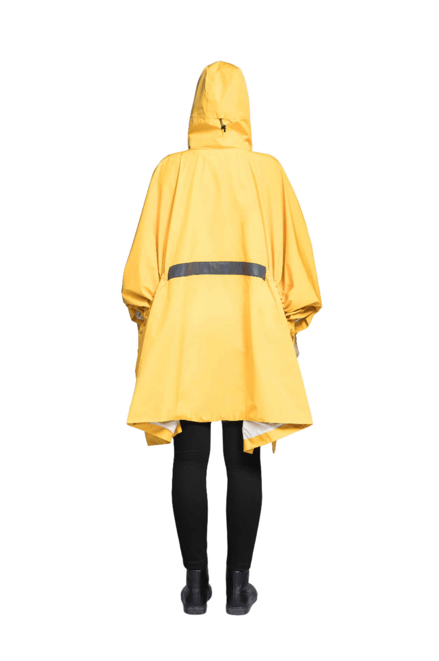 Hydra Unisex Performance Poncho in thigh length, non-removable hood, vertical half-zipper along centre front collar, hidden side-entry waist zipper pockets, adjustable webbing straps and snap closure cuffs, and packable to front kangaroo pocket with flap opening, in Old Gold