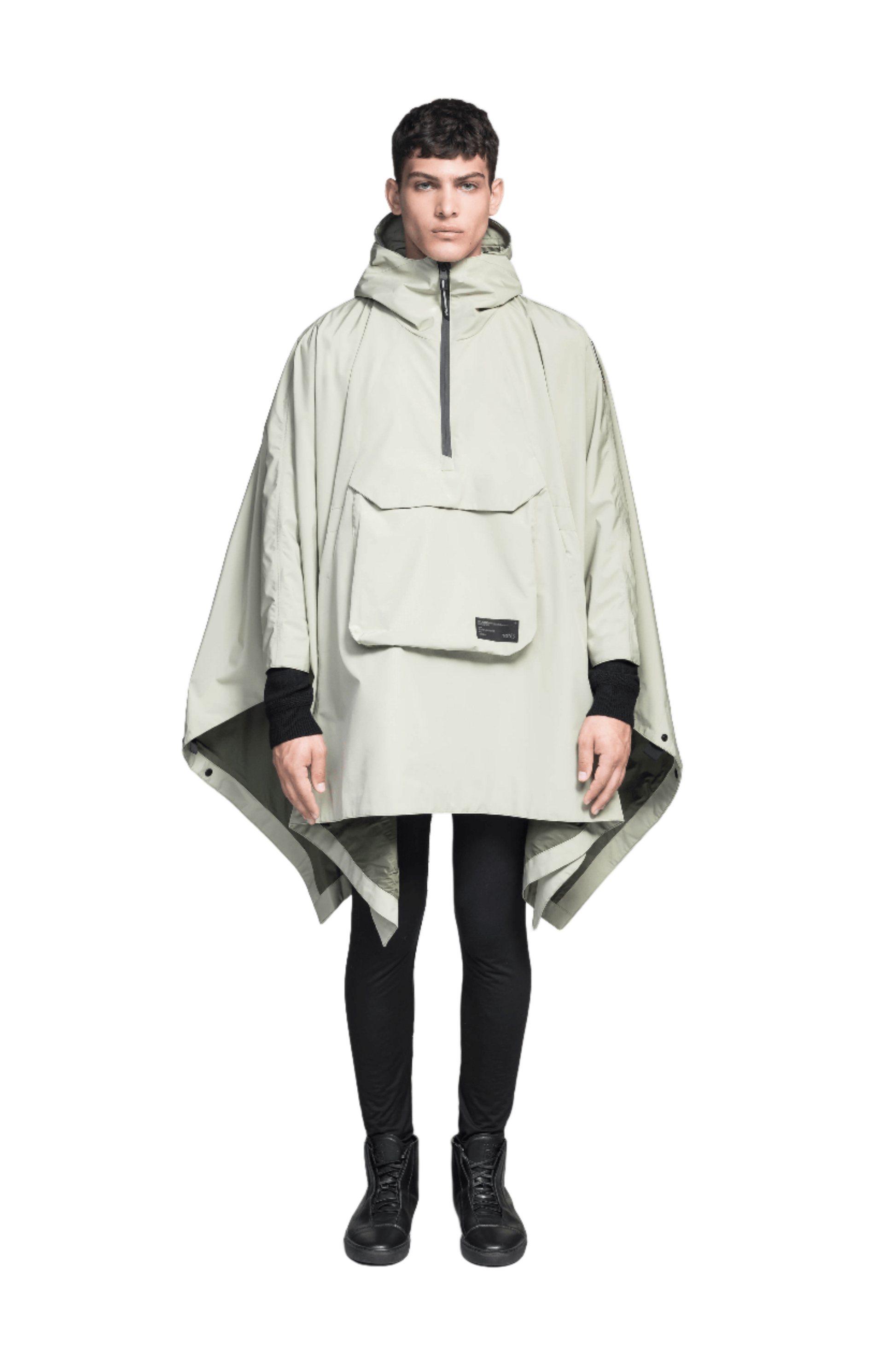 Hydra Unisex Performance Poncho in thigh length, non-removable hood, vertical half-zipper along centre front collar, hidden side-entry waist zipper pockets, adjustable webbing straps and snap closure cuffs, and packable to front kangaroo pocket with flap opening, in Tea