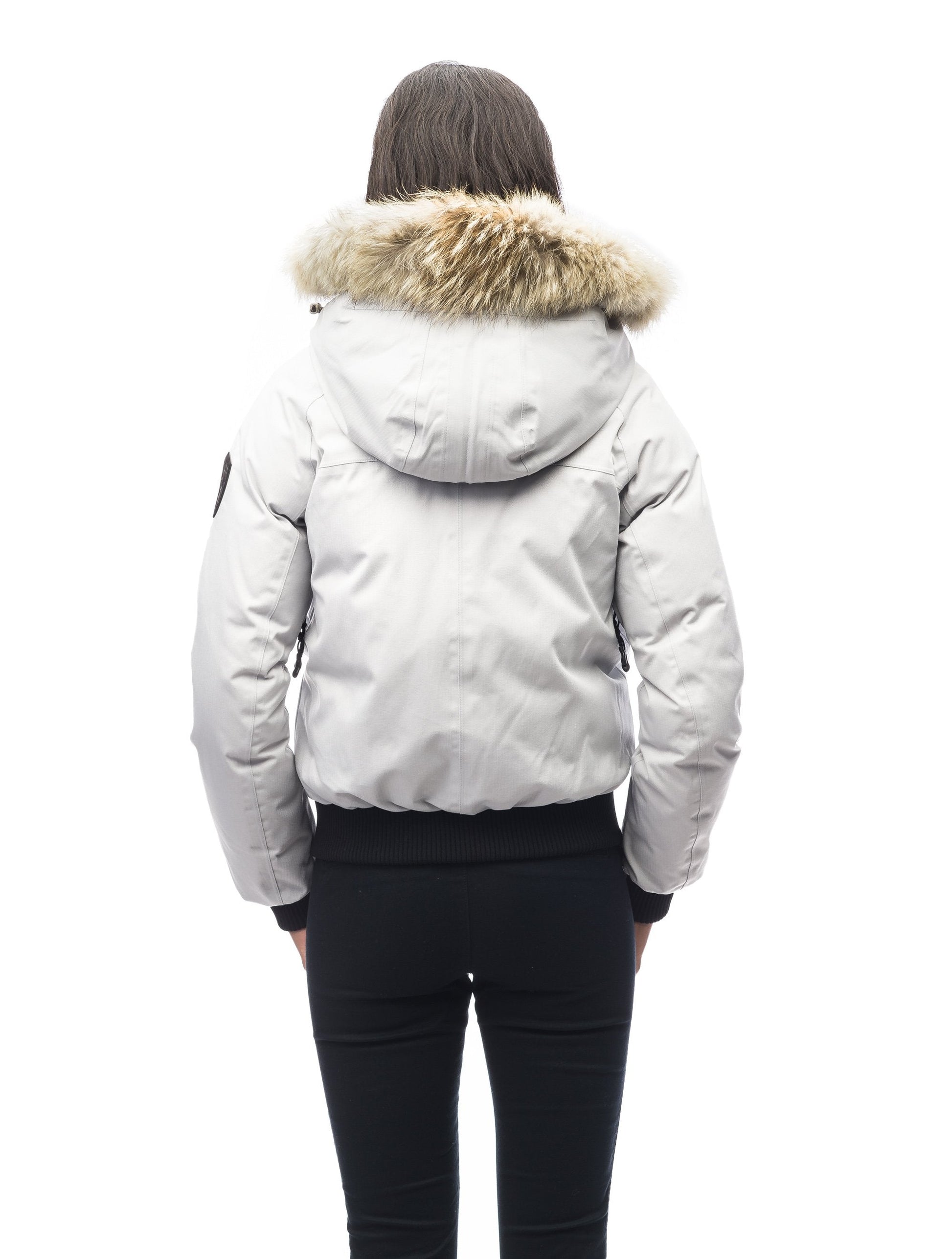 Women's down filled bomber jacket with fur trim hood in CH Black