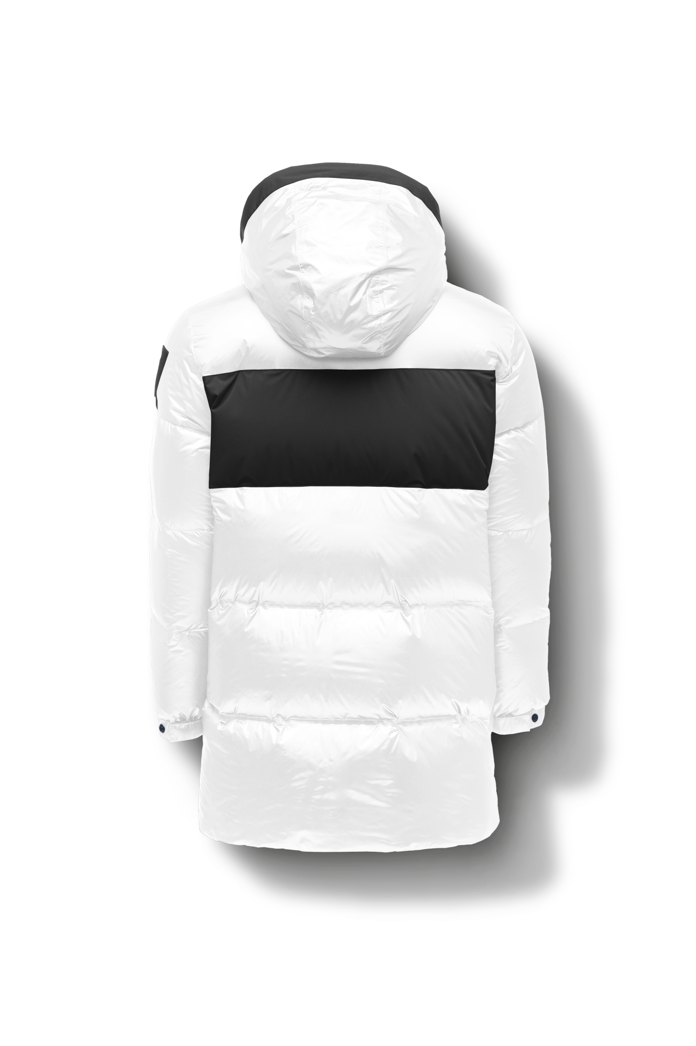 Neelix Men's Long Puffer Jacket in thigh length, premium cire technical nylon taffeta and stretch ripstop fabrication, Premium Canadian origin White Duck Down insulation, non-removable down-filled hood, two-way centre-front zipper, pit zipper vents, hidden chest zipper pockets, fleece-lined magnetic closure waist pockets, in Chalk