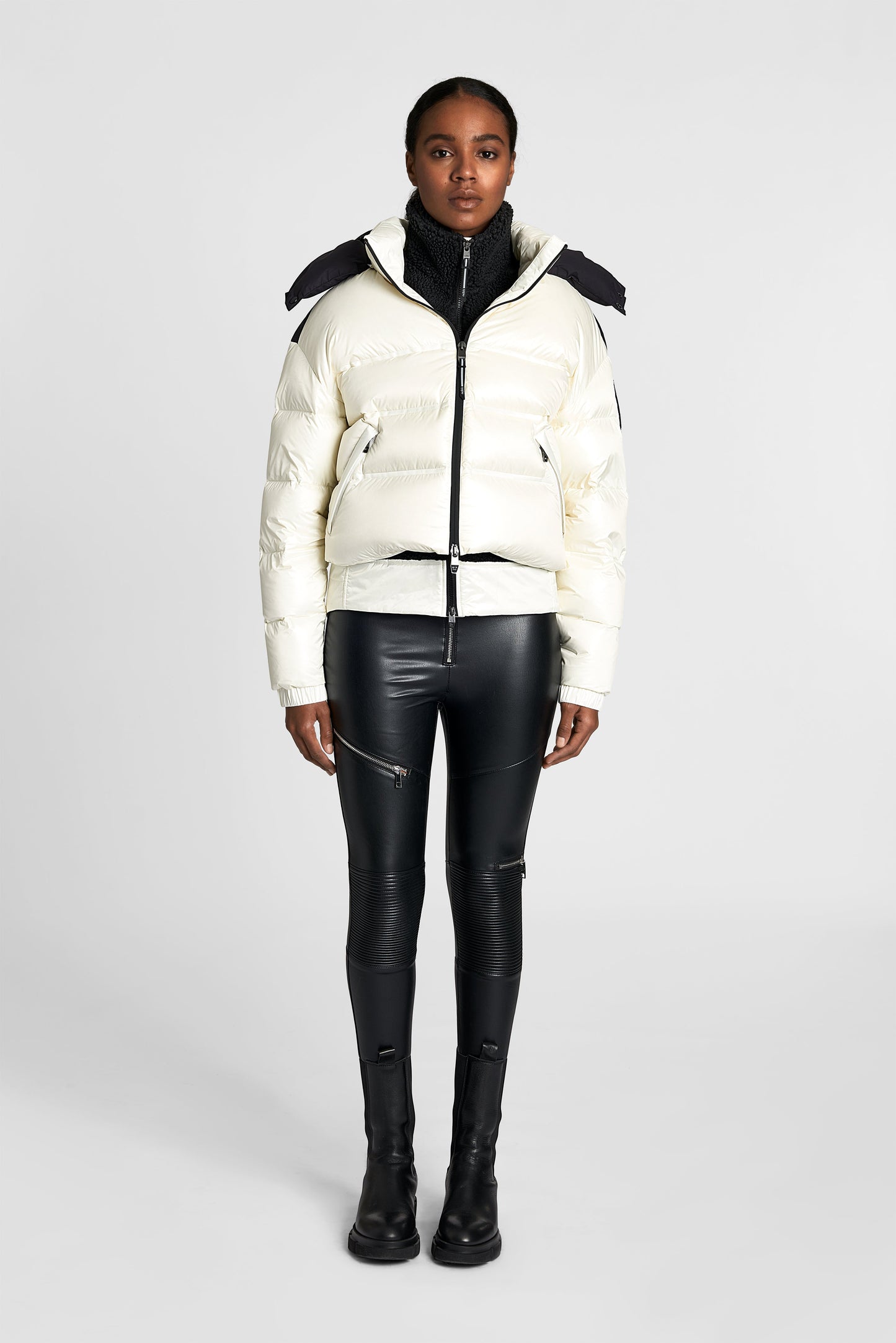 Tempus Women's Performance Short Puffer Jacket in waist length, premium technical nylon taffeta fabrication, Premium Canadian origin White Duck Down insulation, removable down-filled hood, two-way centre-front zipper, fleece-lined zipper pockets at waist, pit zipper vents, in Chalk