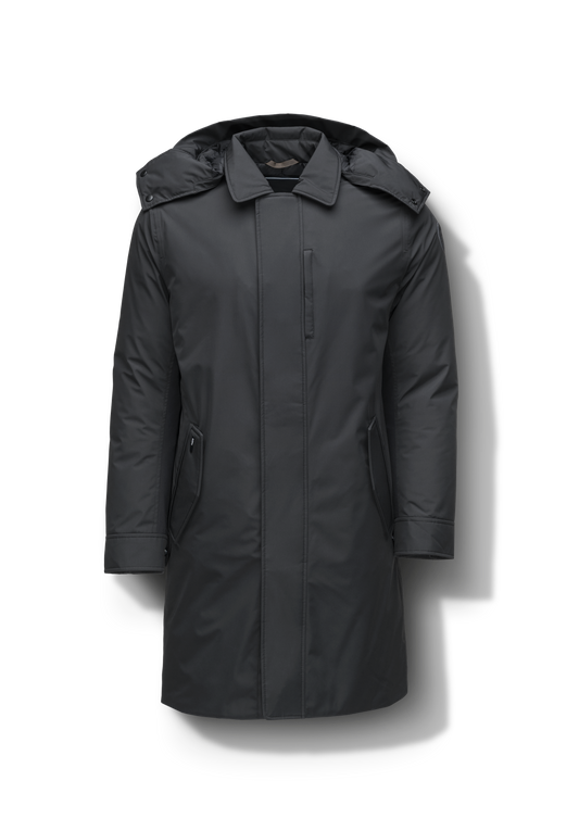 Nord Men's Tailored Trench Coat in knee length, 3-Ply Micro Denier and 4-Way Durable Stretch Weave fabrication, Premium Canadian White Duck Down insulation, removable down-filled hood, exterior zipper pocket at left chest, and adjustable snap button cuffs, in Black + Black