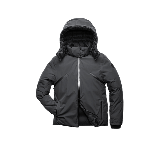 Hip length, reversible men's down filled jacket with removable hood in Black + Black