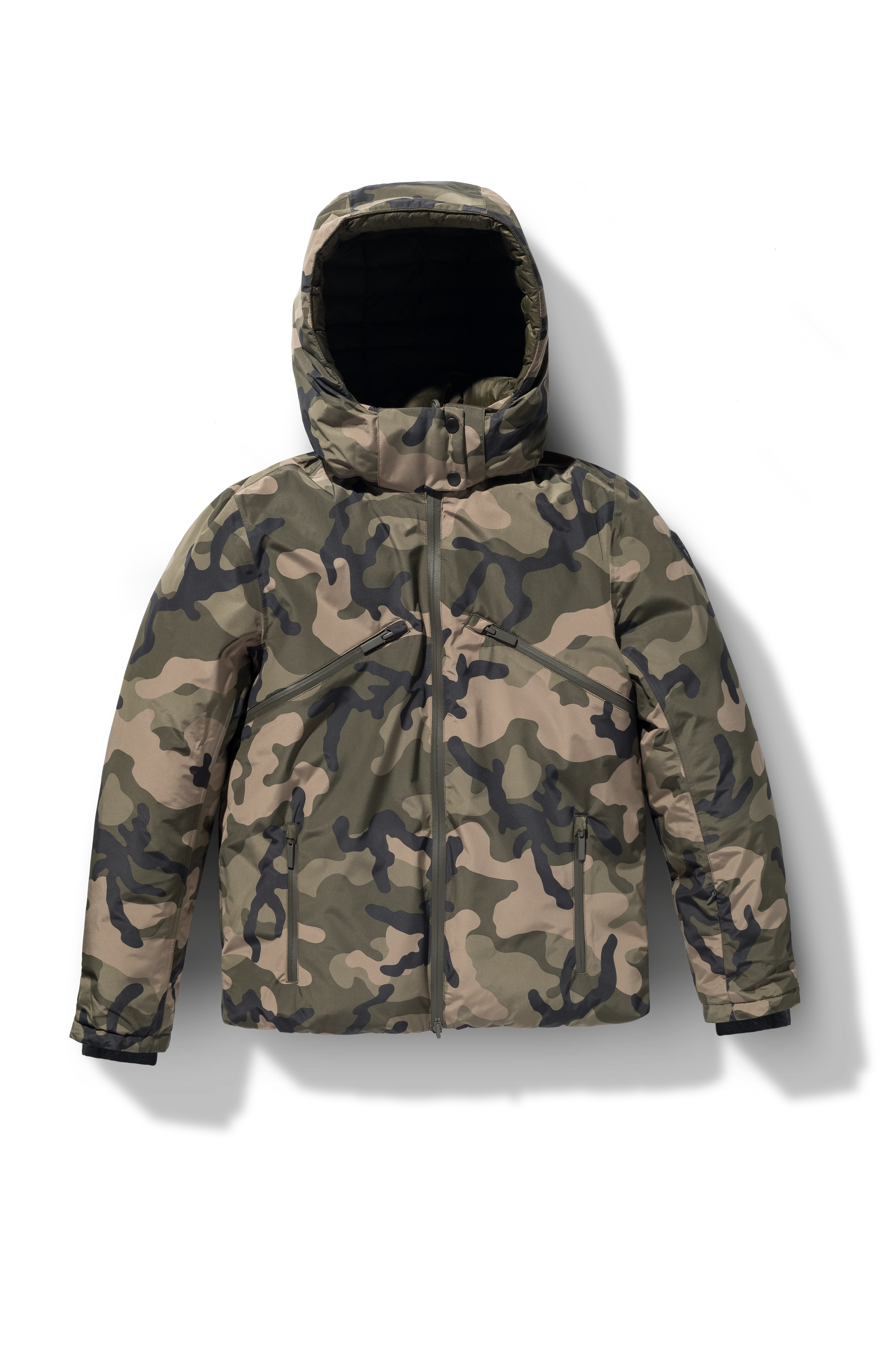 Oliver Men's Oversized Reversible Puffer from waterproof side to quilted puffer side, Canadian Duck Down insulation, in hip length, removable down-filled hood, multiple zipper pockets, 2-way center-front zipper, ribbed cuffs, in Camo