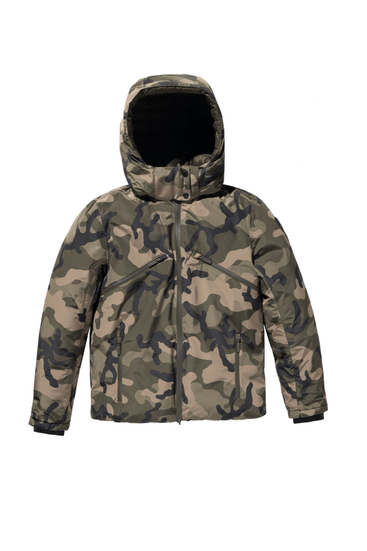 Hip length, reversible men's down filled jacket with removable hood in Camo