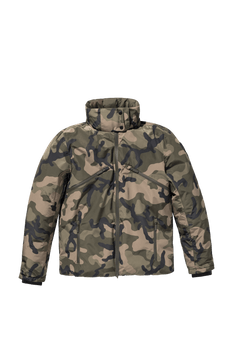 Hip length, reversible men's down filled jacket with removable hood in Camo