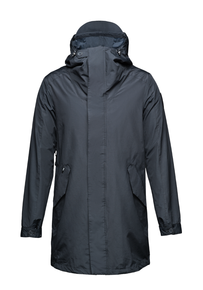 Men's thigh length hooded rain jacket with non-removable hood in Navy