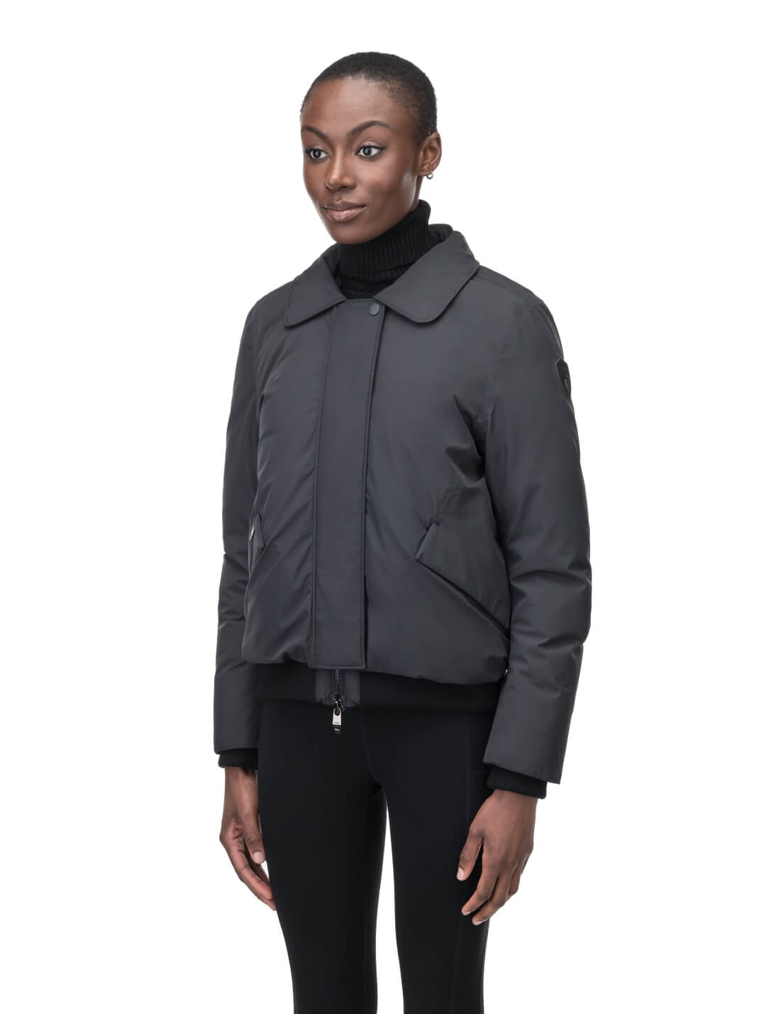 Rae Ladies Aviator Jacket in hip length, Canadian duck down insulation, removable shearling collar with hidden tuckable hood, and two-way front zipper, in Black