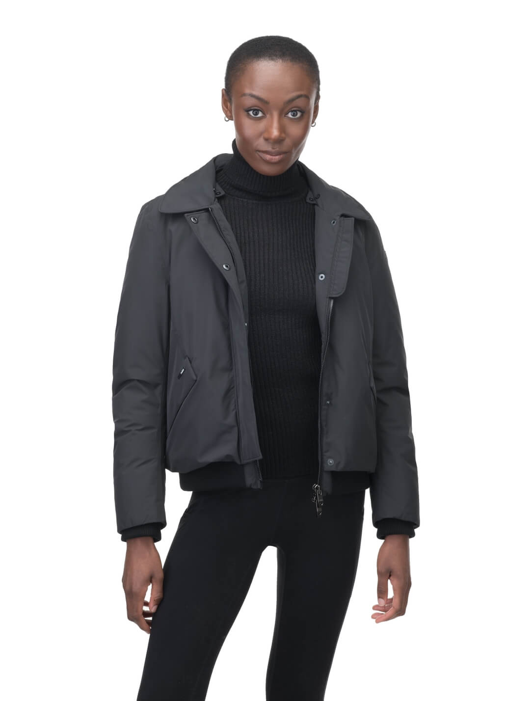 Rae Ladies Aviator Jacket in hip length, Canadian duck down insulation, removable shearling collar with hidden tuckable hood, and two-way front zipper, in Black