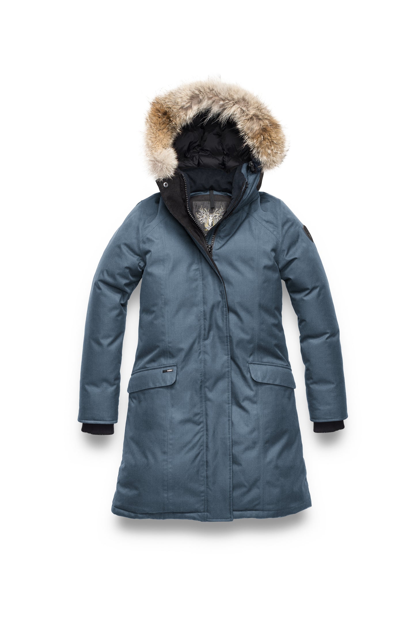 Rebecca Women's Parka in knee length, Canadian duck down insulation, two-way zipper with magnetic front placket, non-removable hood with removable coyote fur trim, in Balsam