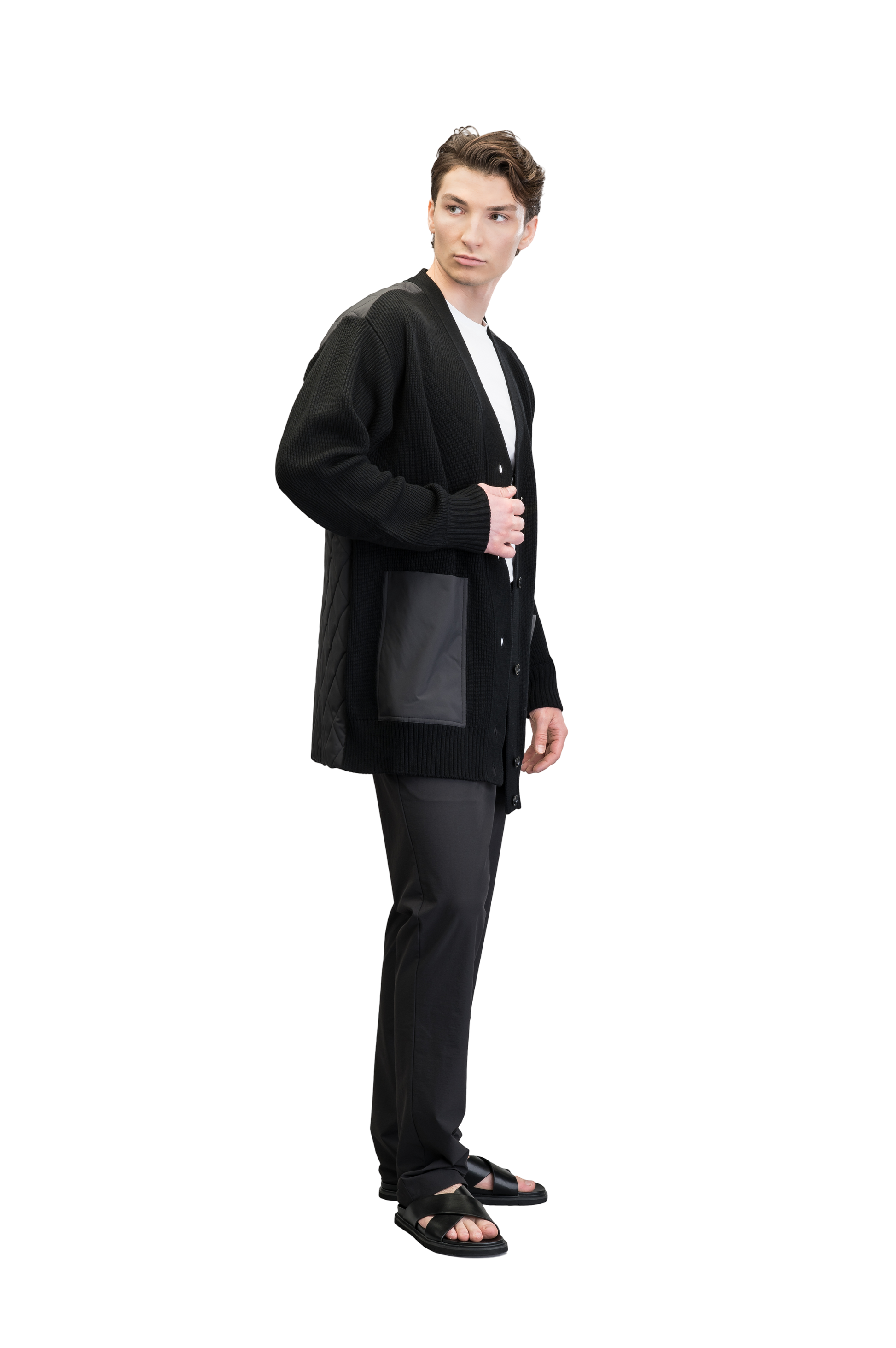 Riga Tailored Button Front Cardigan in thigh length, premium virgin extra fine merino wool knit and stretch ripstop fabrication, Primaloft Gold Insulation Active+, button-front closure, quilted back detailing, front waist pockets, in Black