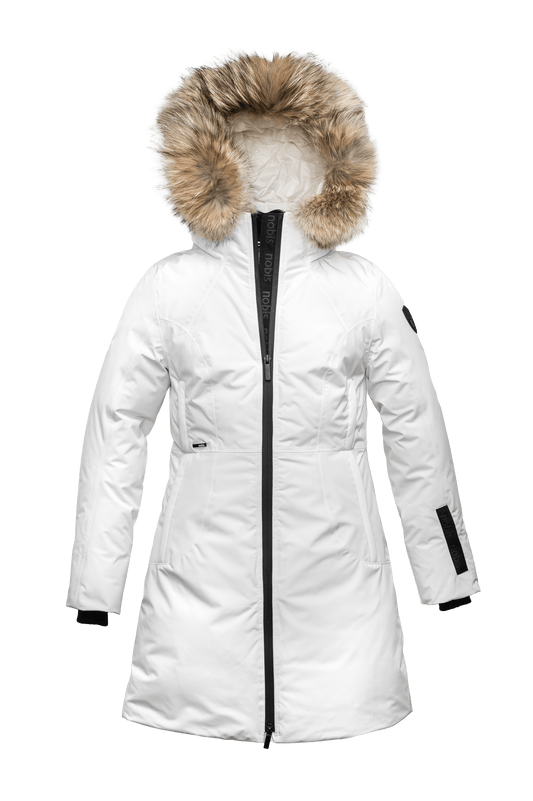 Ladies thigh length down-filled parka with non-removable hood and removable coyote fur trim in Chalk + Chalk