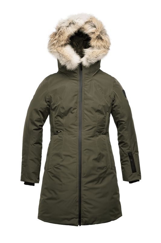 Ladies thigh length down-filled parka with non-removable hood and removable coyote fur trim in Fatigue + Fatigue