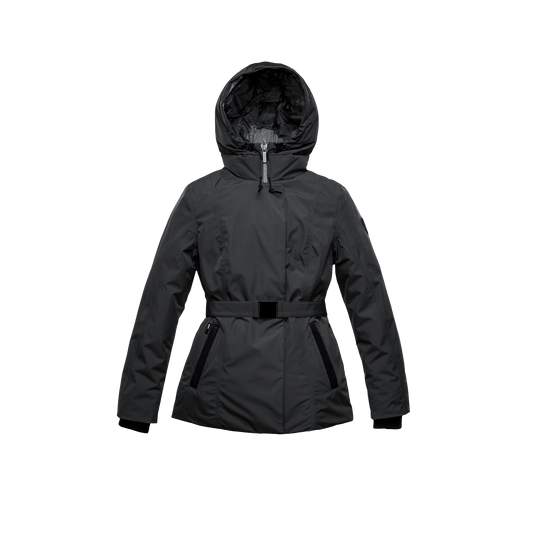 Ladies hip length down-filled parka with non-removable hood and adjustable belt in Black + Black