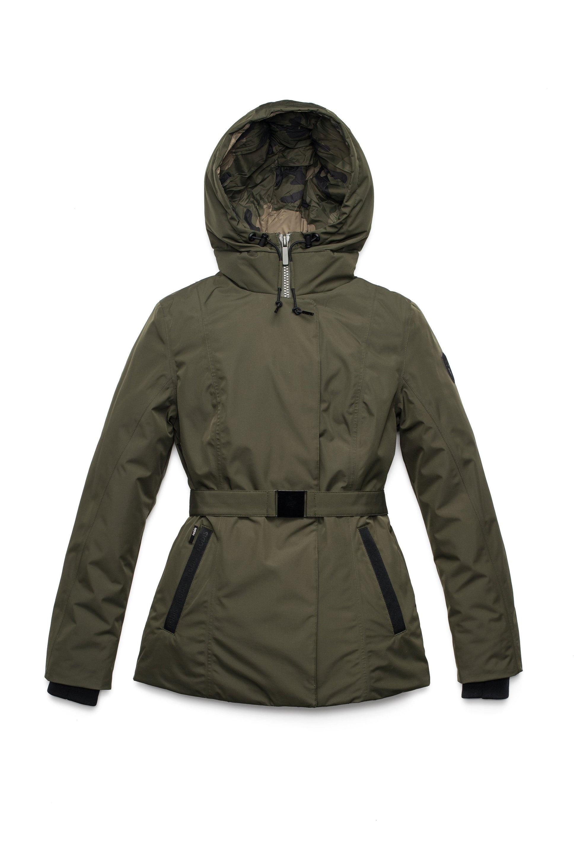 Ladies hip length down-filled parka with non-removable hood and adjustable belt in Fatigue