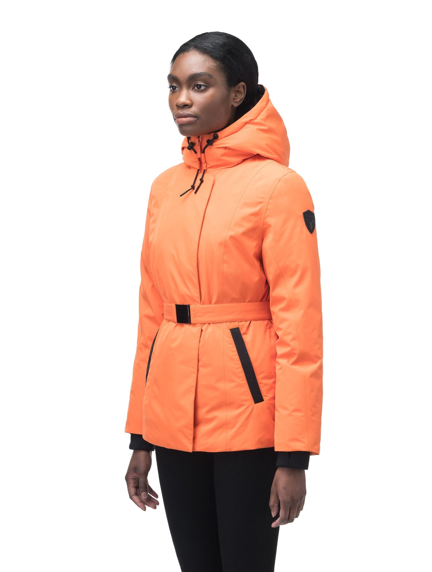 Ladies hip length down-filled parka with non-removable hood and adjustable belt in Atomic