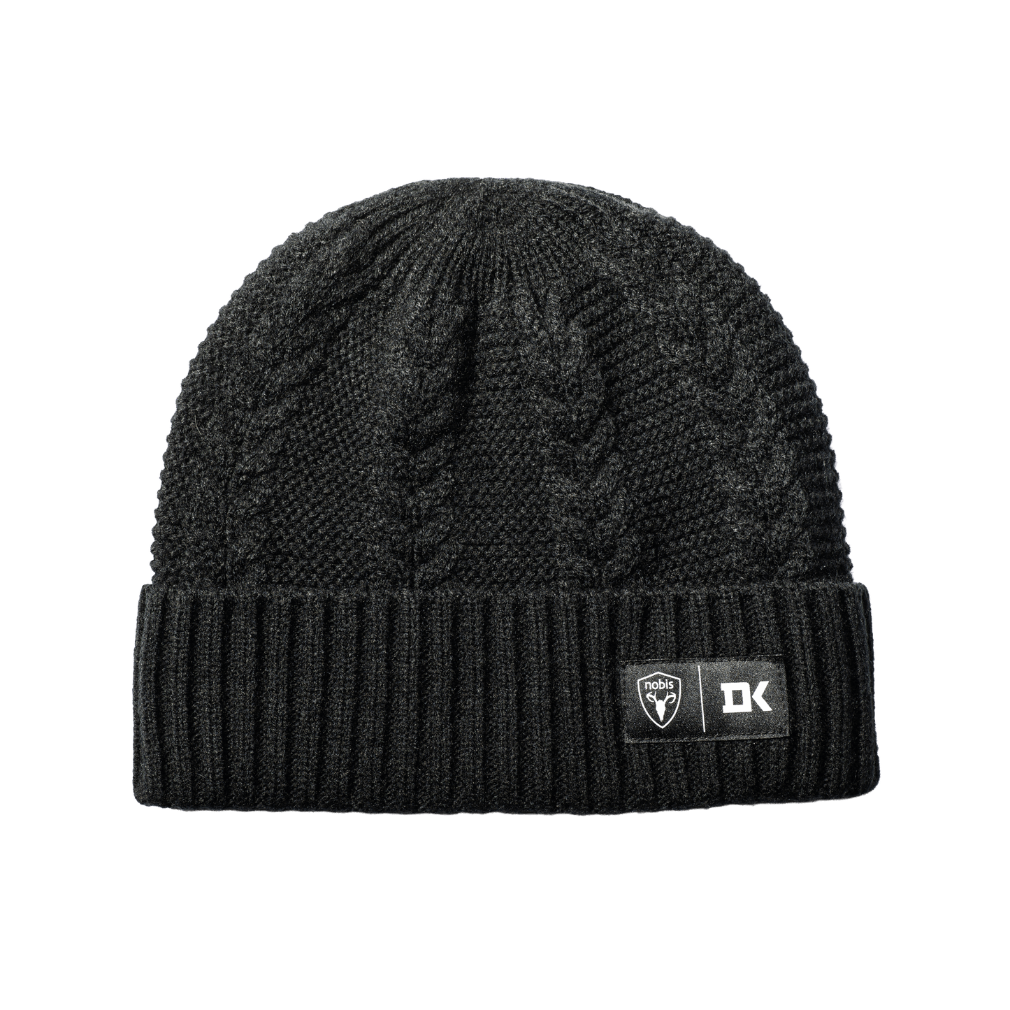 Duncan Keith x Nobis Unisex Cable Knit Beanie with cable stitched crown, two by two rib knit cuff, with co-branding label that features Keith's initials on cuff, in Black