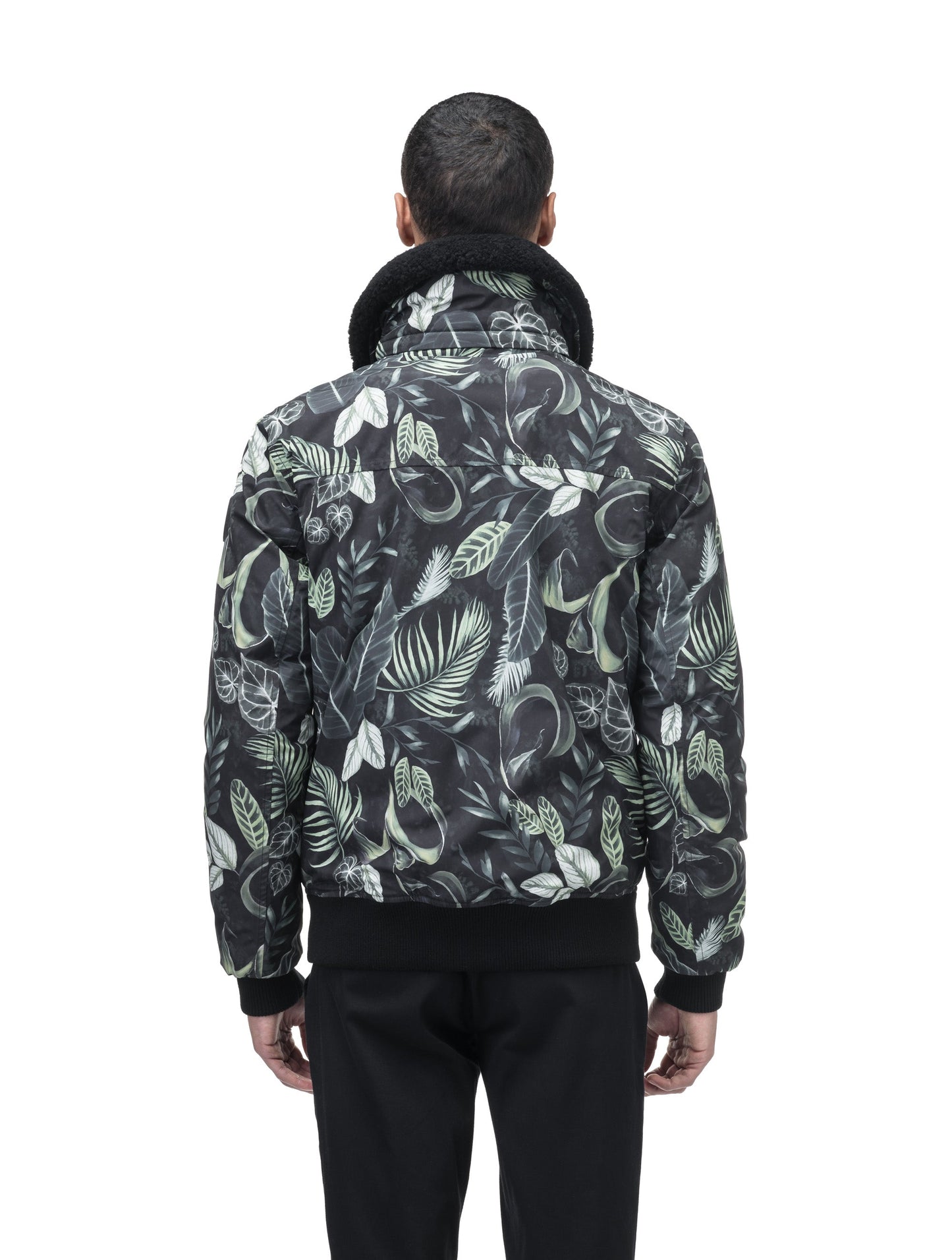 Sonar Men's Aviator Jacket in hip length, Canadian duck down insulation, removable shearling collar with hidden tuckable hood, and two-way front zipper, in Foliage