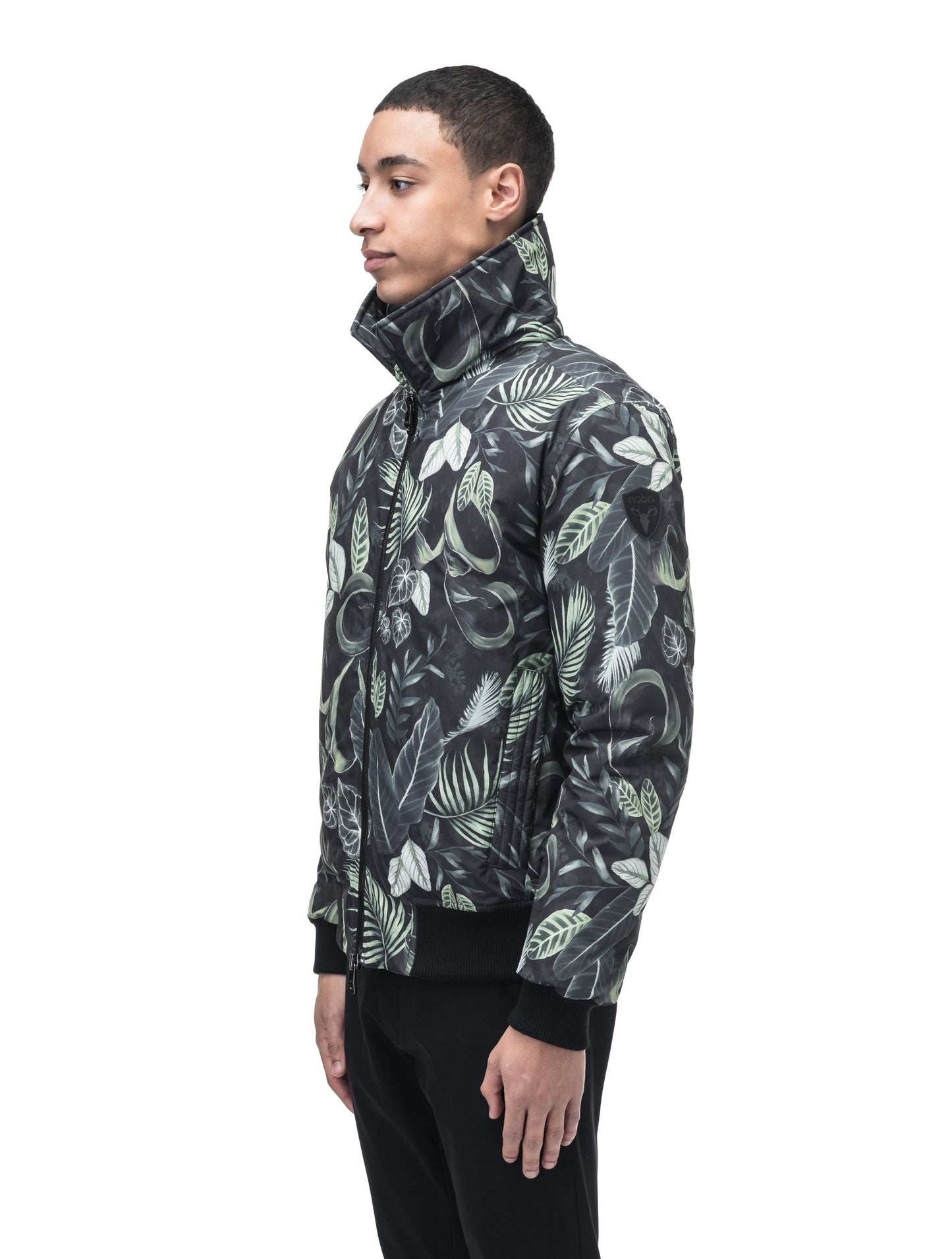 Sonar Men's Aviator Jacket in hip length, Canadian duck down insulation, removable shearling collar with hidden tuckable hood, and two-way front zipper, in Foliage