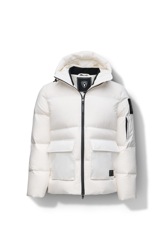 Supra Men's Performance Puffer in hip length, Technical Taffeta and 3-Ply Micro Denier fabrication, Premium Canadian White Duck Down insulation, non-removable down filled hood, centre front two-way zipper, flap pockets at waist, and zipper pocket at left bicep, in Wheat Desert + Wheat Desert
