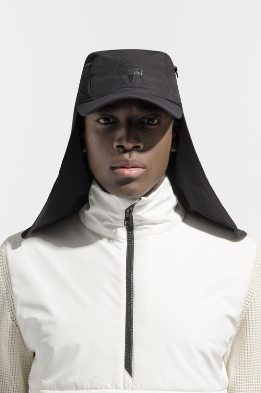 Tal Unisex 3-in-1 cap in 5-panel construction, curved peak brim, back flap, adjustable cobra buckle at back, zipper pocket on left side crown, and detachable face covering, in Black