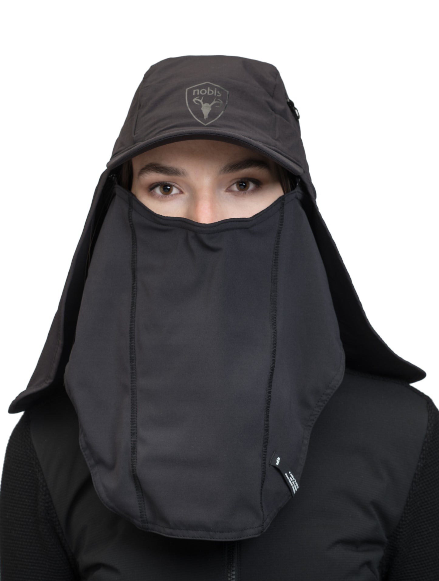 Tal Unisex 3-in-1 cap in 5-panel construction, curved peak brim, back flap, adjustable cobra buckle at back, zipper pocket on left side crown, and detachable face covering, in Black