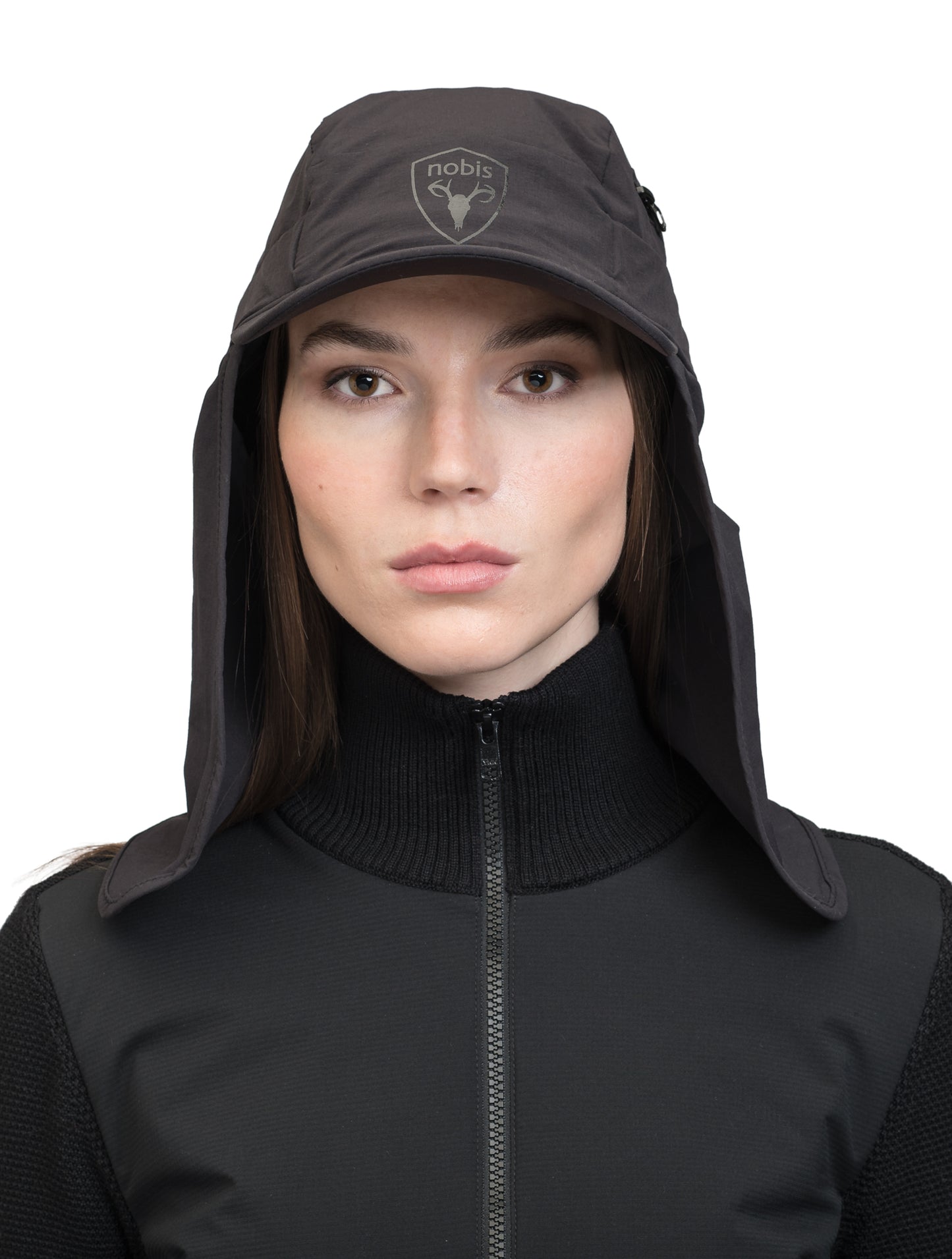 Tal Unisex 3-in-1 cap in 5-panel construction, curved peak brim, back flap, adjustable cobra buckle at back, zipper pocket on left side crown, and detachable face covering, in Black