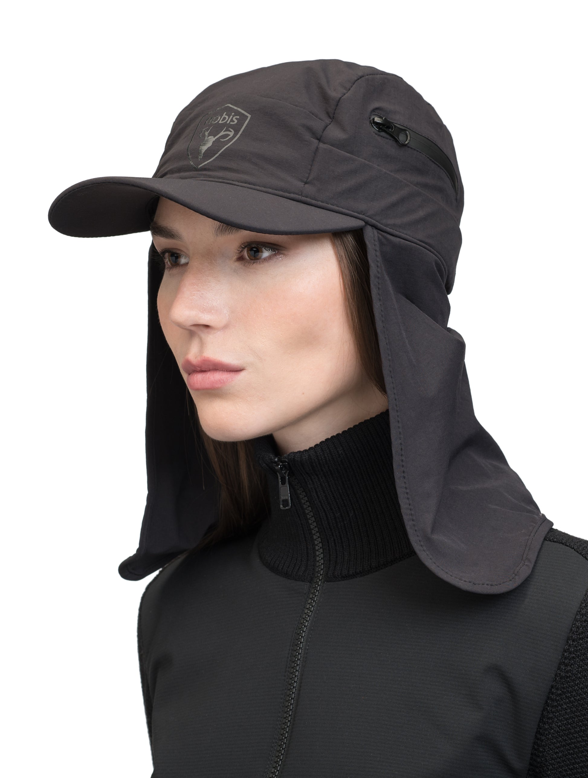 Tal Unisex 3-in-1 cap in 5-panel construction, curved peak brim, back flap, adjustable cobra buckle at back, zipper pocket on left side crown, and detachable face covering, in Black