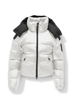 Tempus Women's Performance Short Puffer Jacket in waist length, premium technical nylon taffeta fabrication, Premium Canadian origin White Duck Down insulation, removable down-filled hood, two-way centre-front zipper, fleece-lined zipper pockets at waist, pit zipper vents, in Chalk